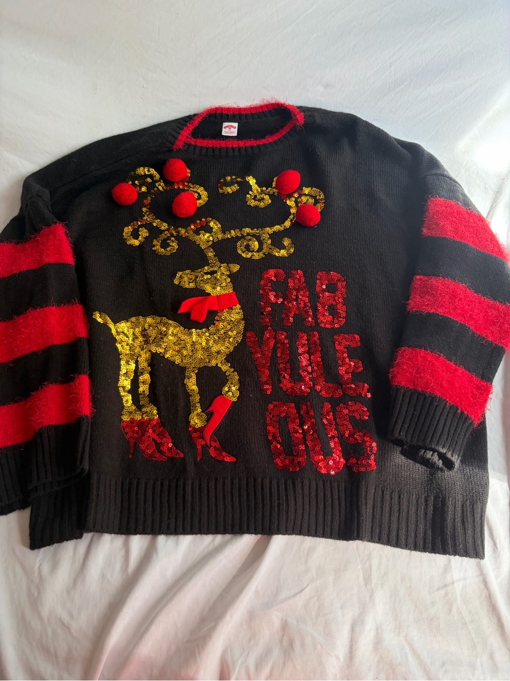 Holiday Time Black Sweater with Red and Gold Sequin Reindeer